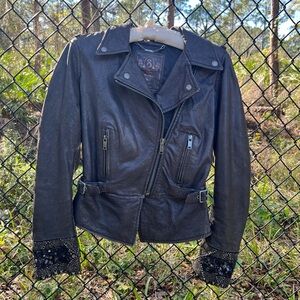 Diesel Distressed Brown Leather Jacket w/ Embellished Bell Sleeves Size S